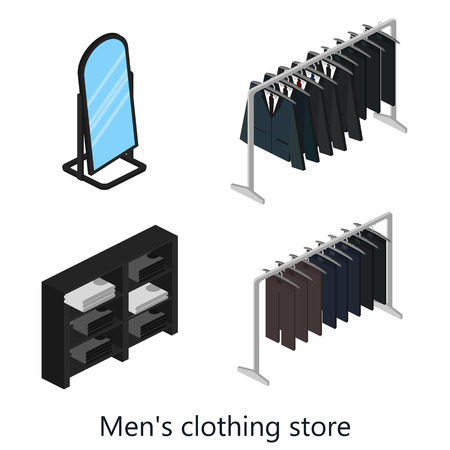 Supermarket, electronics store and clothing shop banner set with people shopping and buying products on shelvesのイラスト素材