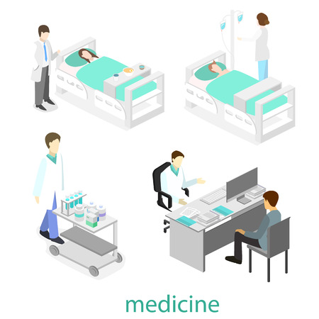 Isometric flat interior of hospital room. Doctors treating the patient.のイラスト素材