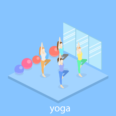 Isometric interior of yoga class. people do yoga. Flat 3D illustration.のイラスト素材