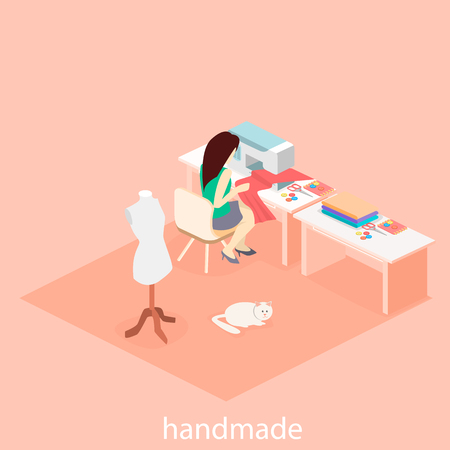 woman sews on the sewing machine. Isometric room interior. Flat 3D object.のイラスト素材