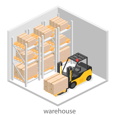 isometric interior of warehouse. The boxes are on the shelves. Flat 3d illustration.のイラスト素材