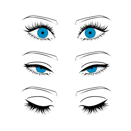 Female eyes outline. Open, closed half-open eyesのイラスト素材