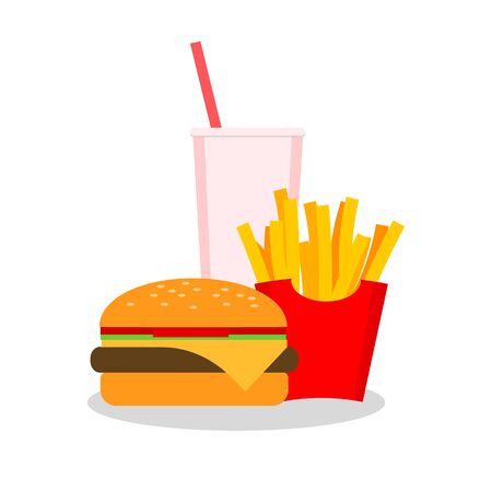 Lunch with french fries, hot dog and soda takeaway on isolated background. Fast food.のイラスト素材