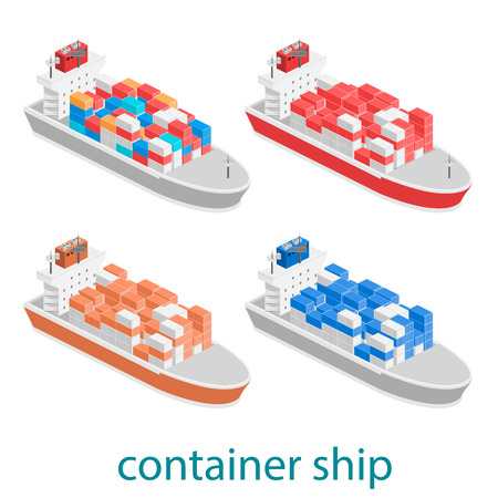Isometric vector illustration of two River Cargo Boats traveling on water. Larger boat is transporting various size cargo containers.のイラスト素材