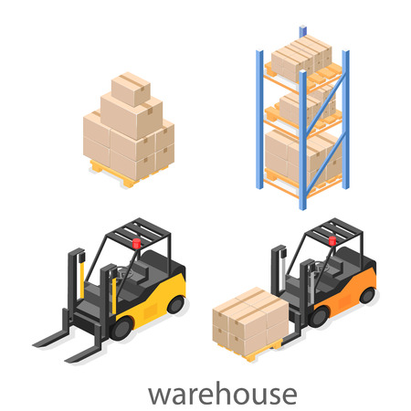 isometric interior of warehouse. The boxes are on the shelves. Flat 3d illustration.のイラスト素材