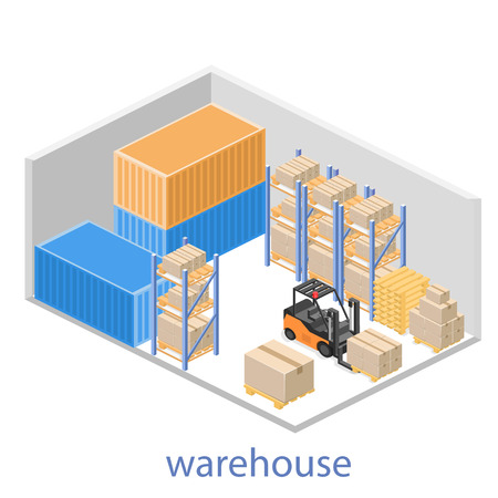 isometric interior of warehouse. The boxes are on the shelves. Flat 3d illustration.のイラスト素材