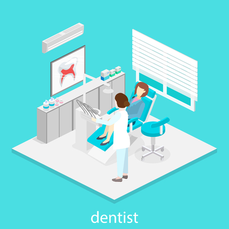 Isometric dentist office during reception patient. Dentistry and doctors office, dentist and patient, dentist chair, dental and medical, health oral, mouth healthcare illustrationのイラスト素材
