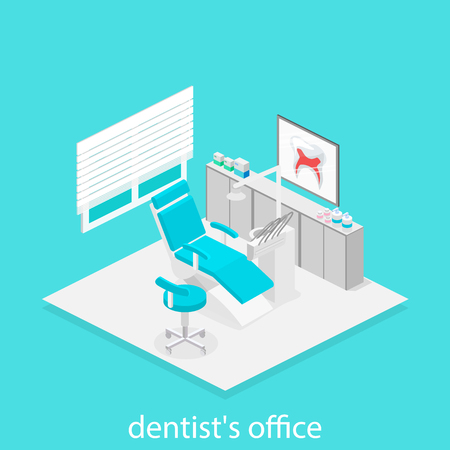 Isometric dentist office during reception patient. Dentistry and doctors office, dentist chair, dental and medical, health oral, mouth healthcare illustrationのイラスト素材