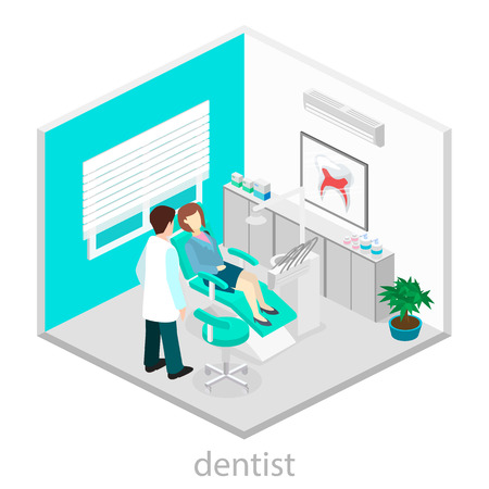 Isometric dentist office during reception patient. Dentistry and doctors office, dentist and patient, dentist chair, dental and medical, health oral, mouth healthcare illustrationのイラスト素材