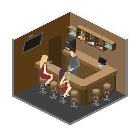 Isometric 3D flat interior of bar or pub. The chairs stand around the bar. alcoholic drinks on the shelvesのイラスト素材