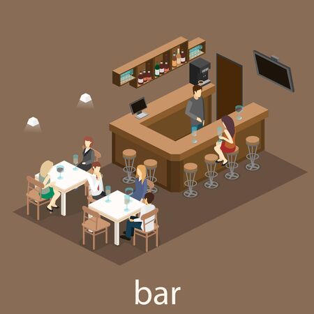 Isometric 3D flat interior of bar or pub. The chairs stand around the bar. alcoholic drinks on the shelvesのイラスト素材