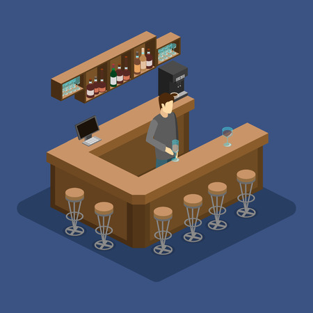 Isometric 3D flat interior of bar or pub. The chairs stand around the bar. alcoholic drinks on the shelvesのイラスト素材