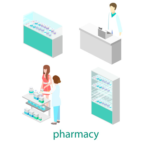 Isometric interior of pharmacy. Flat 3D illustrationのイラスト素材