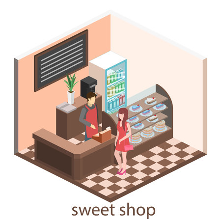 Isometric interior of sweet-shop. People sit at the table and eating. Flat 3D illustartionのイラスト素材