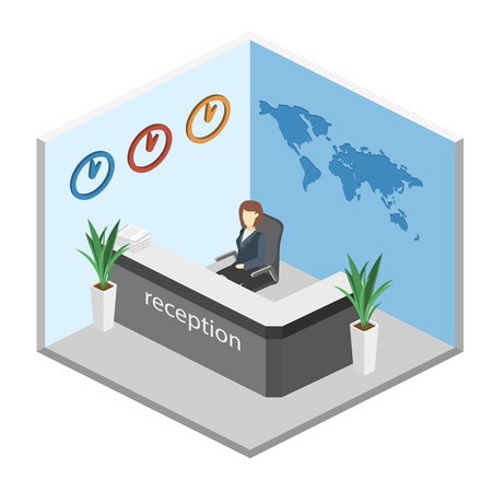 Isometric interior of reception. Flat 3D real illustration of waiting room. World map on the wallのイラスト素材