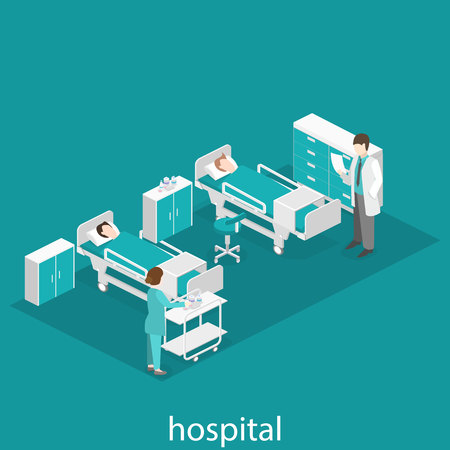 Isometric flat interior of hospital room. Doctors treating the patient. Flat 3D illustrationのイラスト素材