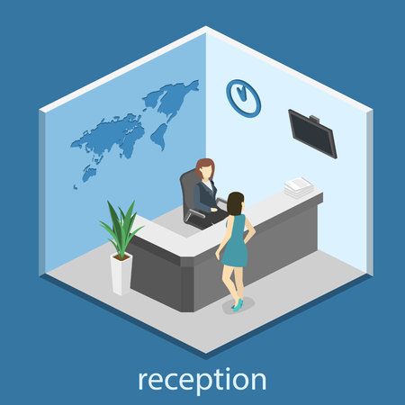 Isometric interior of reception. Flat 3D real illustration of waiting room. World map on the wallのイラスト素材
