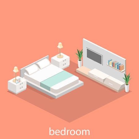 modern bedroom design in isometric style. Flat 3D illustration