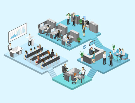 sometric flat 3d abstract office floor interior departments concept vector. conference hall, offices, workplaces, director of the office interiorのイラスト素材