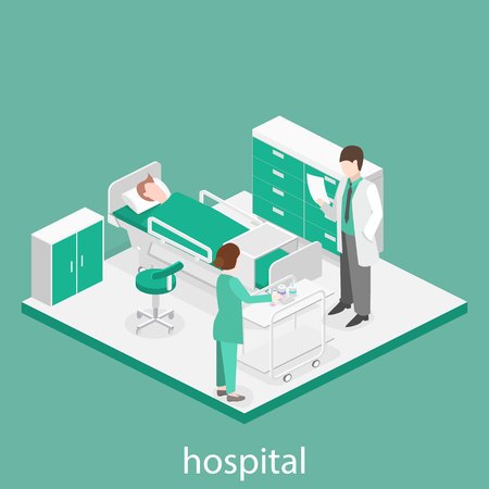 Isometric flat interior of hospital room. Doctors treating the patient. Flat 3D illustrationのイラスト素材