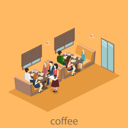 Isometric interior of coffee shop. flat 3D isometric design interior cafe or restaurant. People sit at tables and eat. Concept illustration of the room.のイラスト素材
