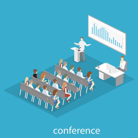 Business meeting in an office Business presentation meeting in conference hall. People listen to speakers. Flat 3D illustration.のイラスト素材