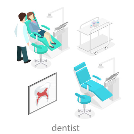 Isometric flat interior of dentist's office. Doctors treating the patient. Flat 3D illustrationのイラスト素材