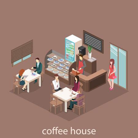 Isometric interior of sweet-shop. People sit at the table and eating. Flat 3D illustartionのイラスト素材