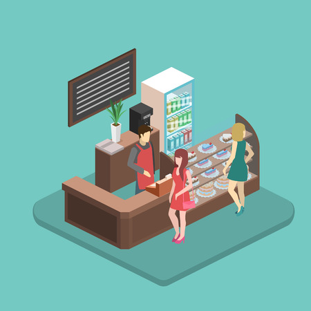 Isometric interior of sweet-shop. People sit at the table and eating. Flat 3D illustartionのイラスト素材