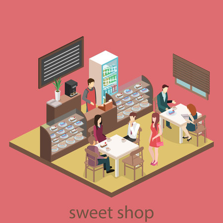 Isometric interior of sweet-shop. People sit at the table and eating. Flat 3D illustartionのイラスト素材