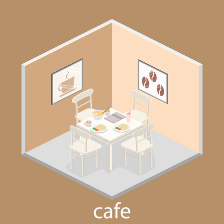 Isometric interior of coffee shop. flat 3D isometric design interior cafe or restaurant. Concept illustration of the room.のイラスト素材