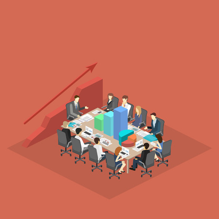 Business meeting in an office Business presentation meeting in an office around a table. Isometric flat 3D interiorのイラスト素材