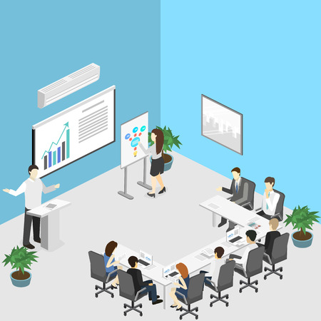 Business meeting in an office Business presentation meeting in an office around a table. Isometric flat 3D interiorのイラスト素材