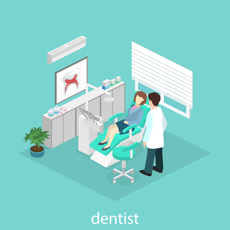Isometric flat interior of dentist's office. Doctors treating the patient. Flat 3D illustrationのイラスト素材