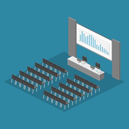 Business meeting in an office Business presentation meeting in conference hall. People listen to speakers. Flat 3D illustration.のイラスト素材