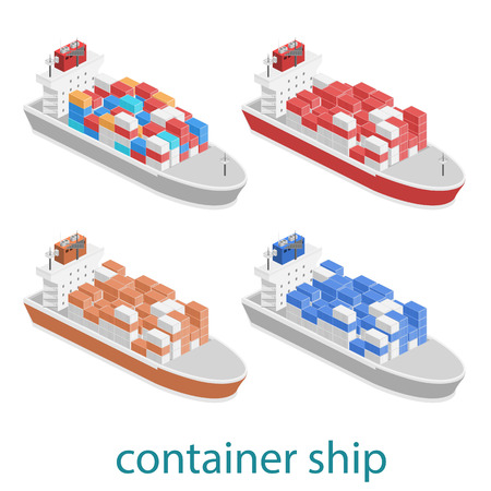 Isometric vector illustration of two River Cargo Boats traveling on water. Larger boat is transporting various size cargo containers.のイラスト素材