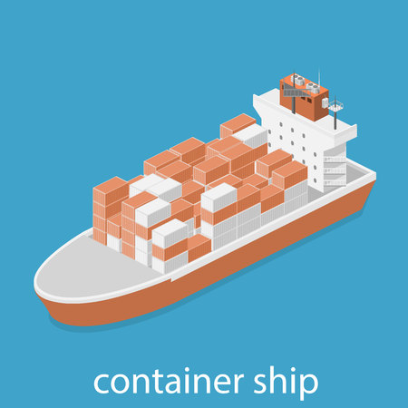 Isometric vector illustration of two River Cargo Boats traveling on water. Larger boat is transporting various size cargo containers.のイラスト素材