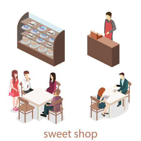 Isometric interior of sweet-shop. People sit at the table and eating. Flat 3D illustartionのイラスト素材