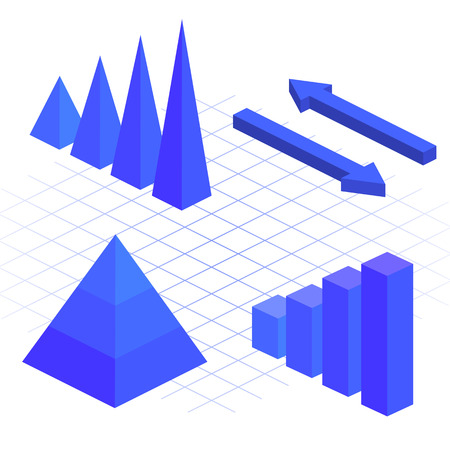 isometric flat 3D infographic elements with data icons and design elements. Pie chart, layers graphs and pyramid diagram. Infographic presentation. Vector illustrationのイラスト素材