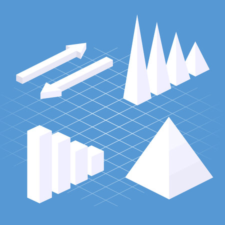 isometric flat 3D infographic elements with data icons and design elements. Pie chart, layers graphs and pyramid diagram. Infographic presentation. Vector illustrationのイラスト素材