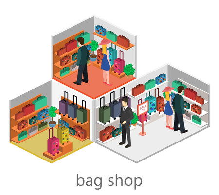 isometric infographic. interior of luggage shop. Flat 3D vector illustration.のイラスト素材