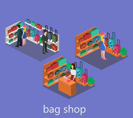 isometric infographic. interior of luggage shop. Flat 3D vector illustration.のイラスト素材