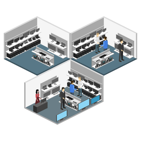 Isometric interior of Computer store. Flat 3D vector illustration.のイラスト素材
