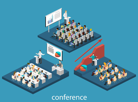 Business meeting in an office Business presentation meeting in conference hall. People listen to speakers. Flat 3D illustration.のイラスト素材