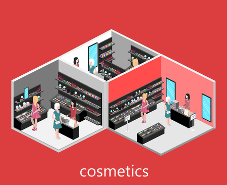 Isometric interior of cosmetics shop. Flat 3D vector illustration.のイラスト素材