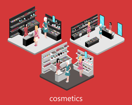 Isometric interior of cosmetics shop. Flat 3D vector illustration.のイラスト素材