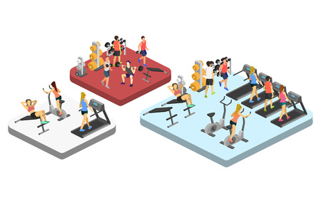 Isometric interior of gym. People involved in sports. Flat 3D vector illustration.のイラスト素材