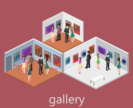 Isometric interior of picture gallery. Flat 3D vector illustration.のイラスト素材