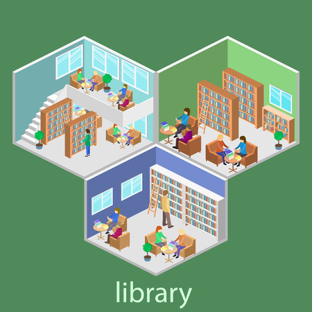 isometric interior of library. Flat 3D vector illustration.のイラスト素材