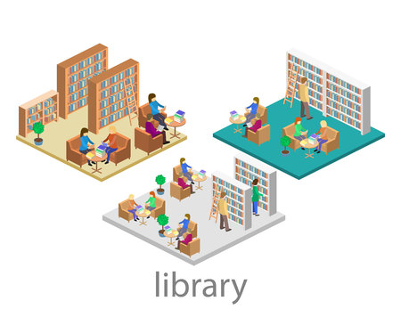 isometric interior of library. Flat 3D vector illustration.のイラスト素材